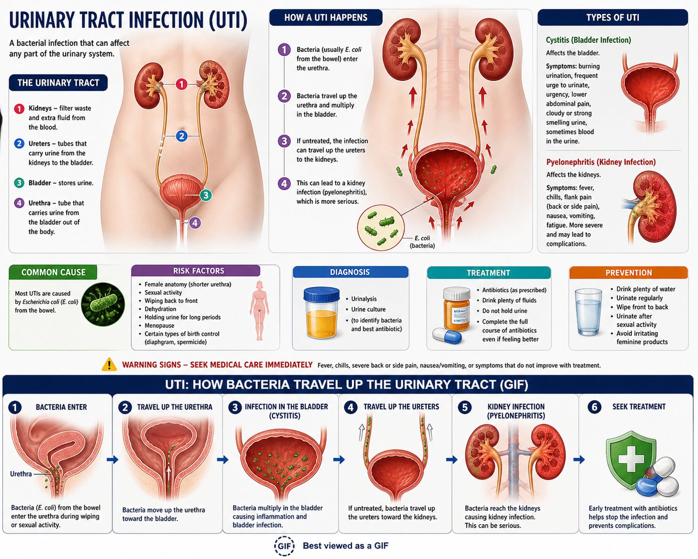 Urinary Tract Infection (UTI) — anatomy, causes, types, diagnosis, treatment, and prevention